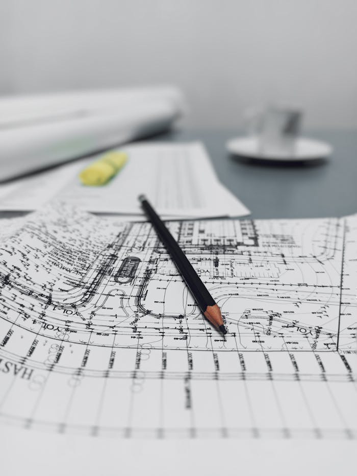 Close-up shot of architectural blueprints with a pencil, highlighting design details.